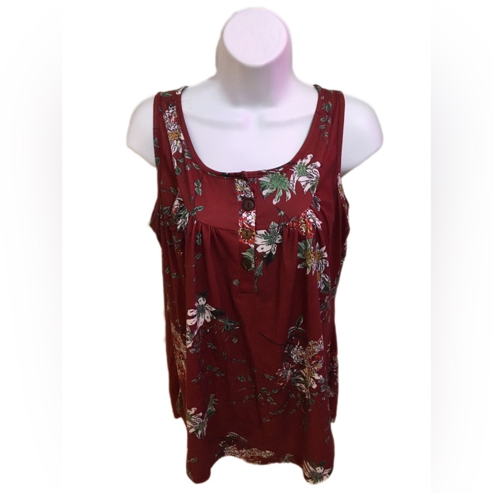Vibrant Red Floral Tank Top with Ruched Neckline